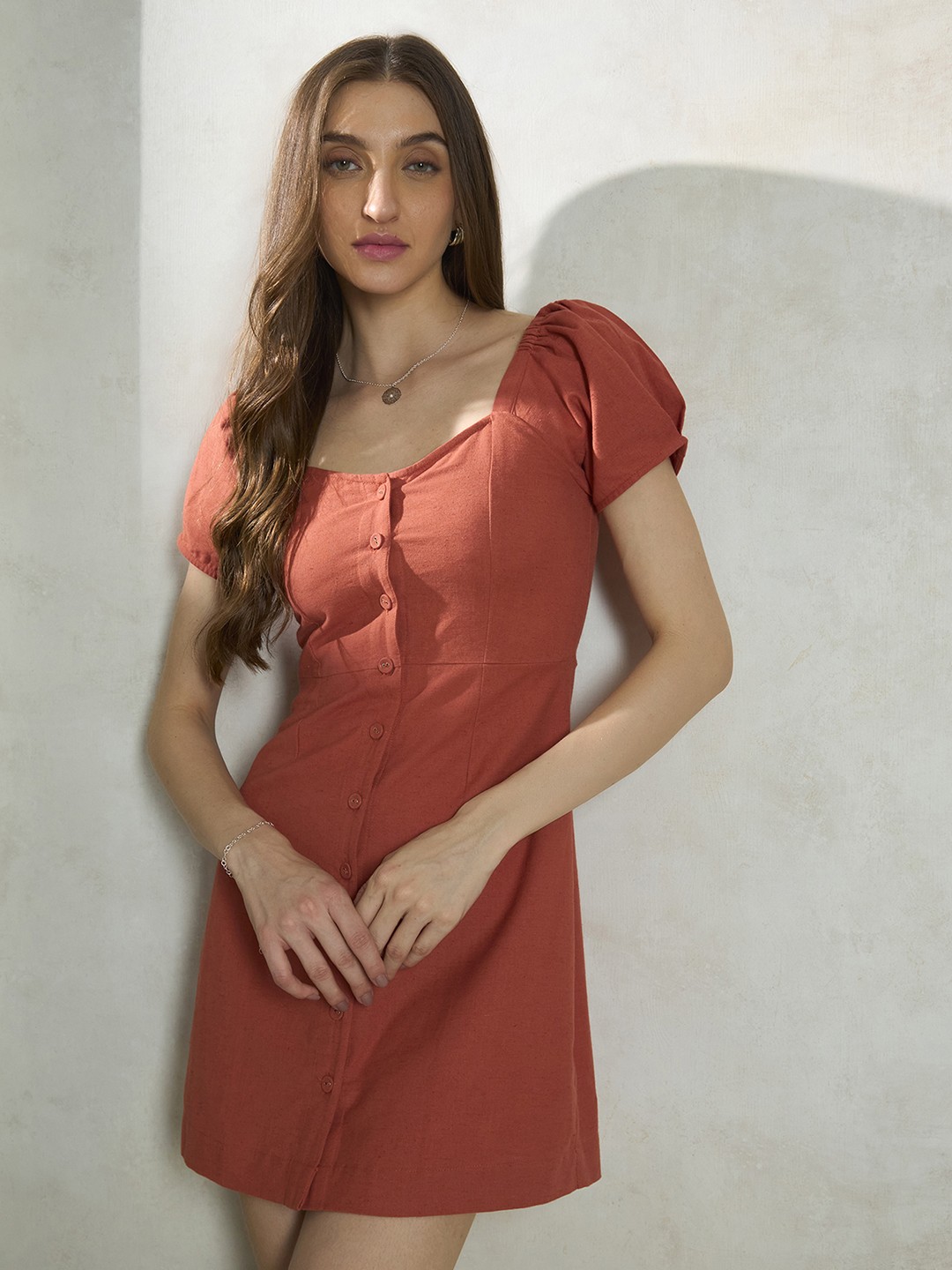 

Virgio Sweetheart Neck Puff Sleeves Cotton A-Line Mini Dress, Pink