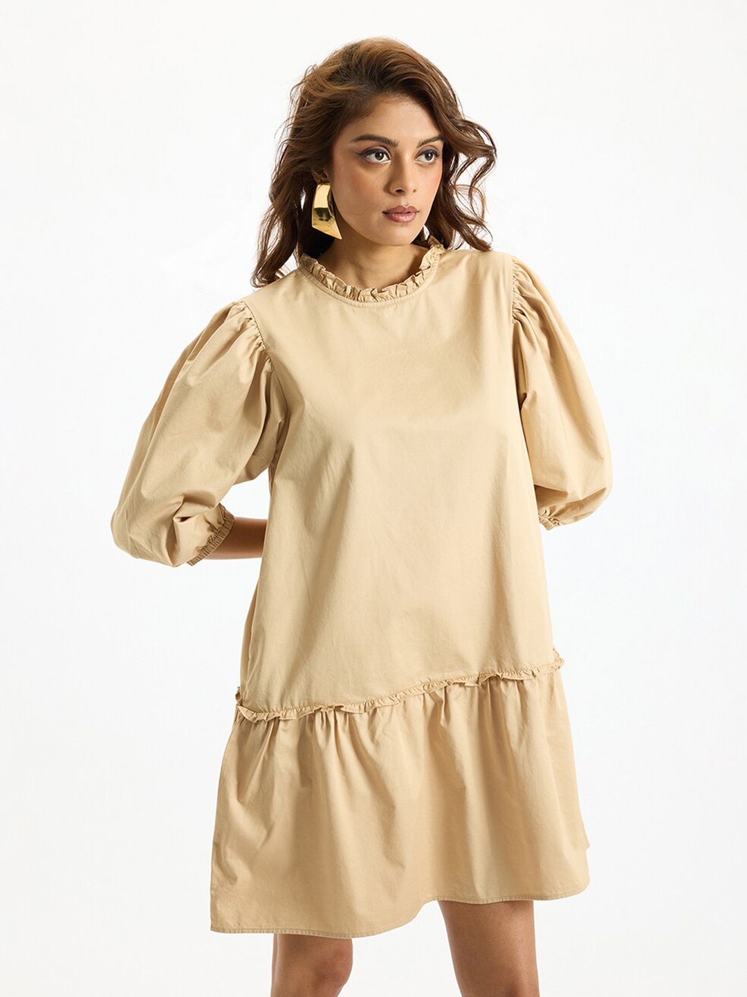 

Virgio Round Neck Puff Sleeve Cotton Drop-Waist Dress, Beige