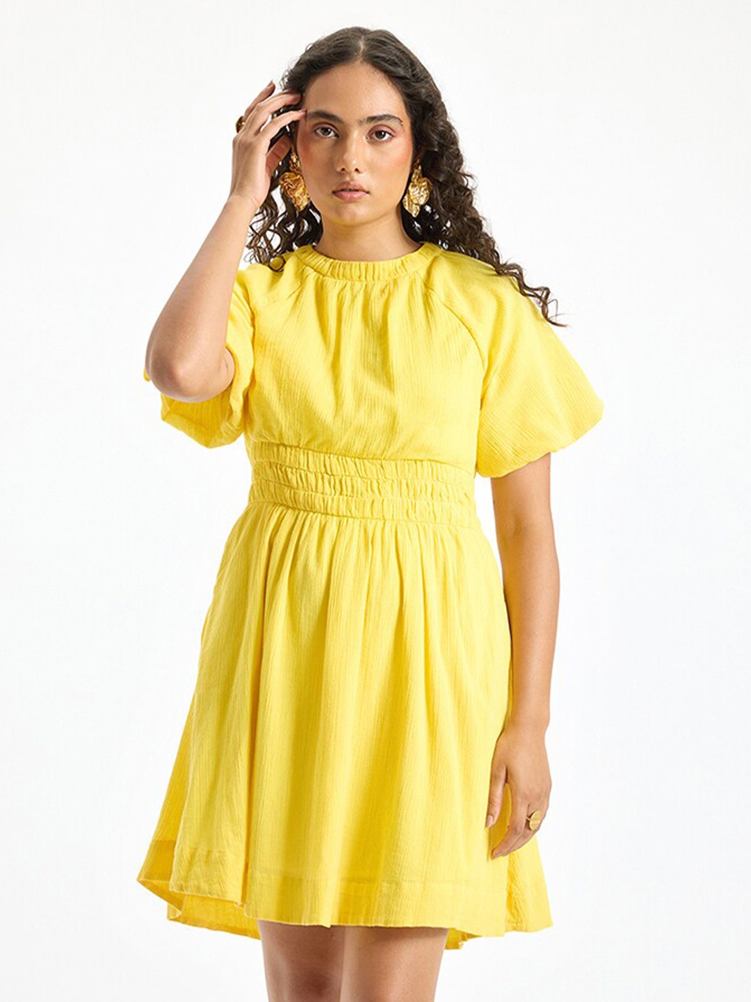 

Virgio Round Neck Raglan Sleeves Cotton Dress, Yellow