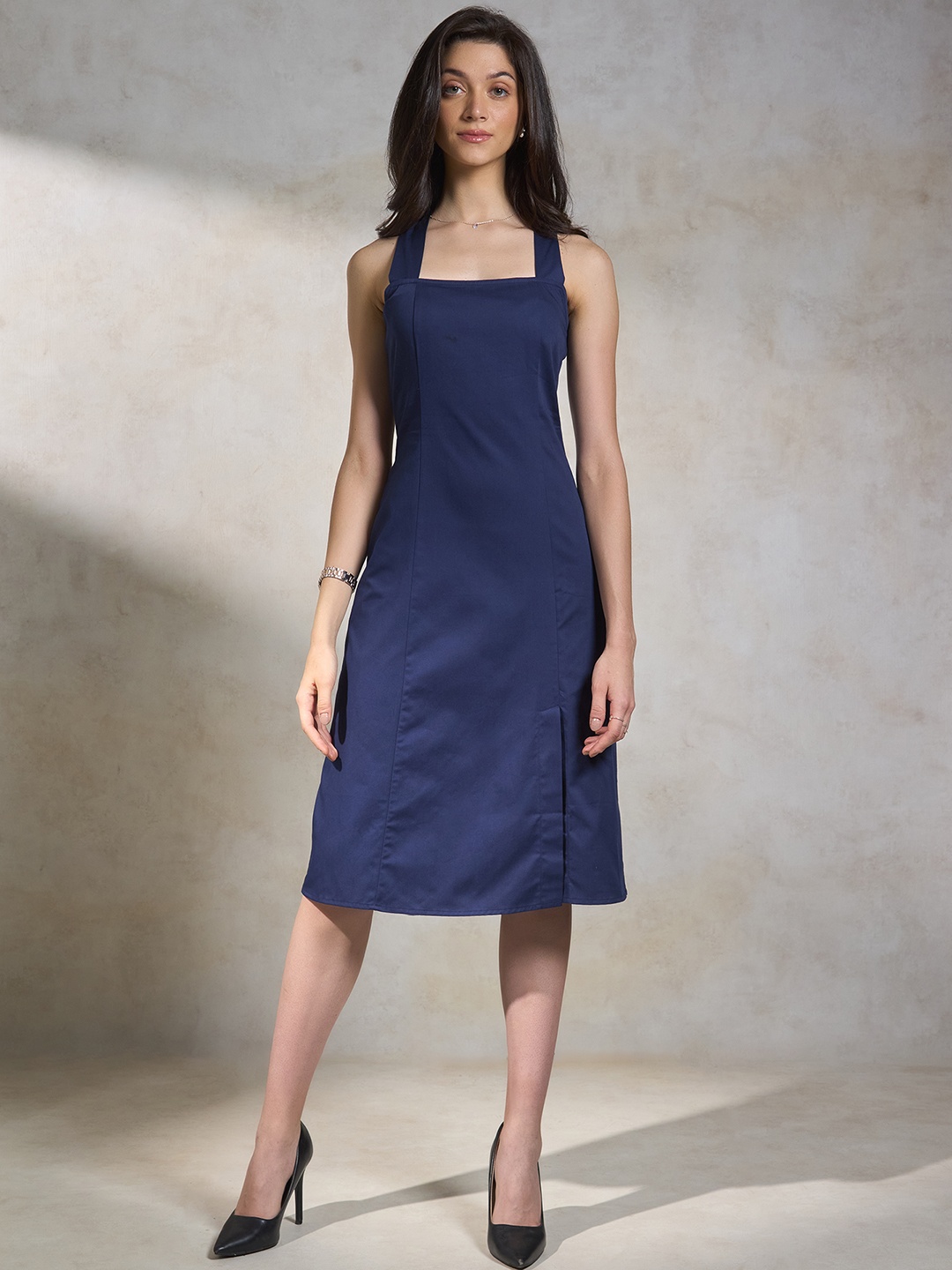 

Virgio Diya Halter Neck Crossback Detail Cotton A-Line Dress, Navy blue