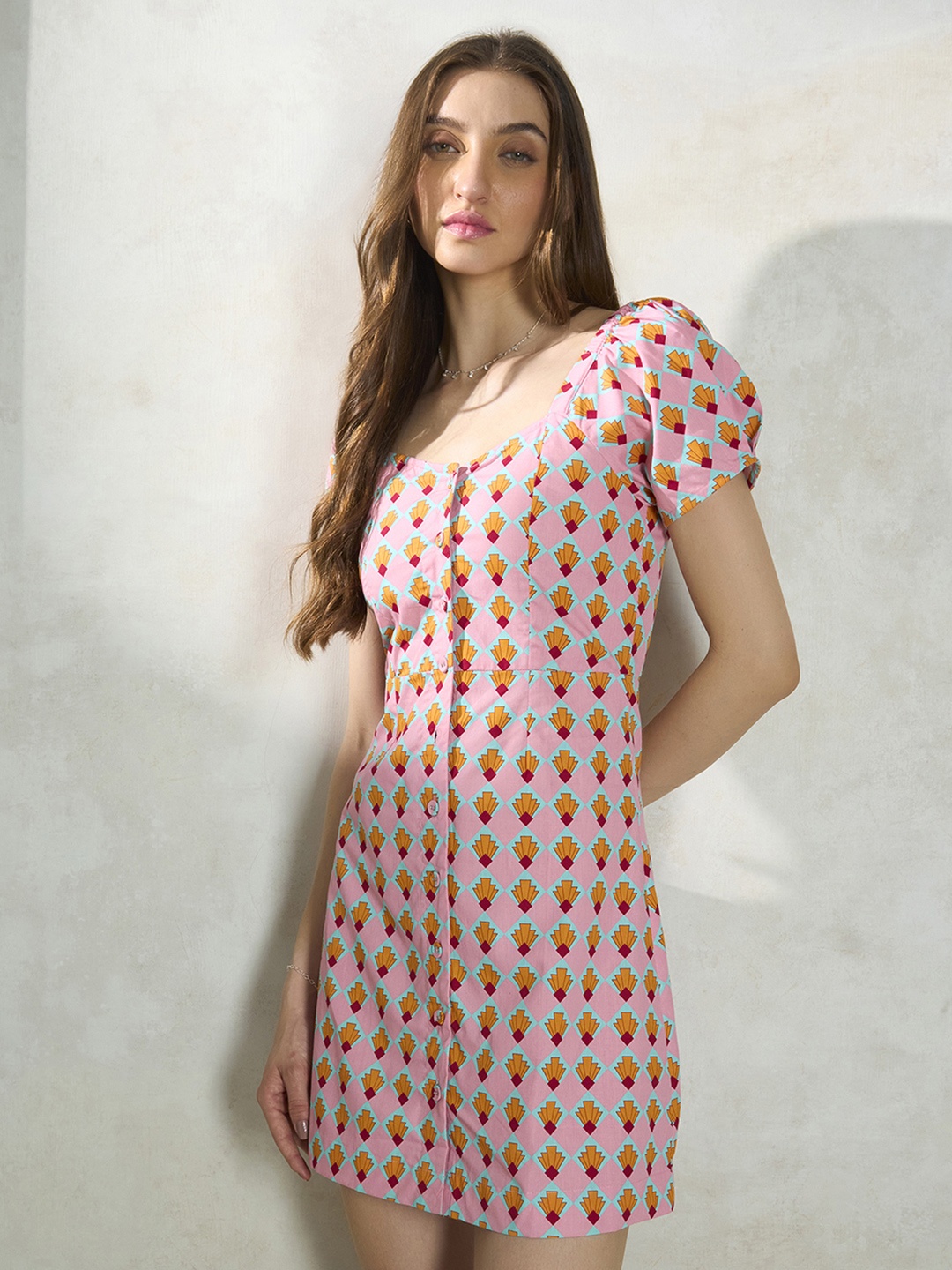 

Virgio Geometric Printed Sweetheart Neck Puff Sleeve Cotton A-line Dress, Pink