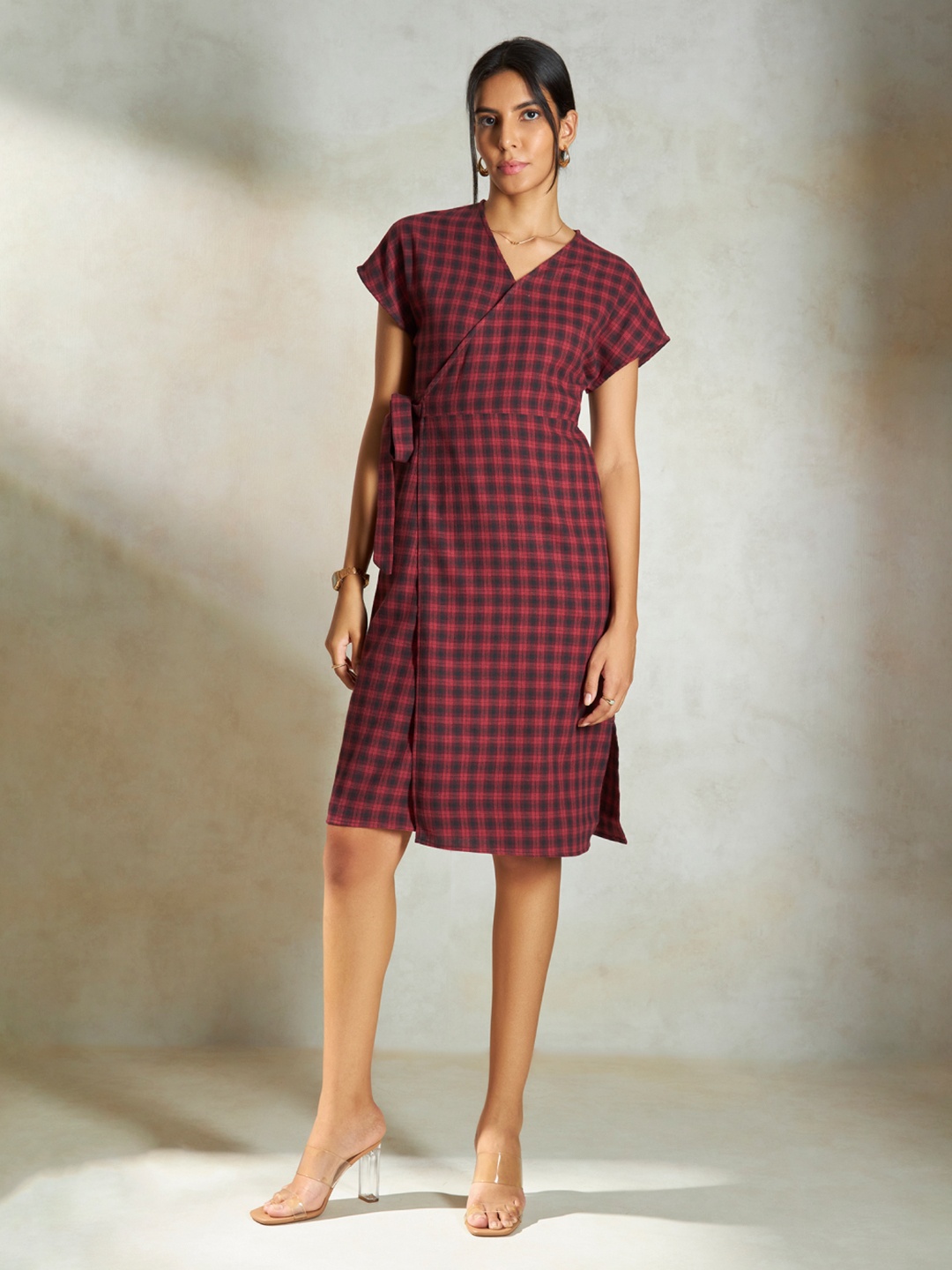 

Virgio Checked V-Neck Extended Sleeves Cotton Wrap Midi Dress, Red