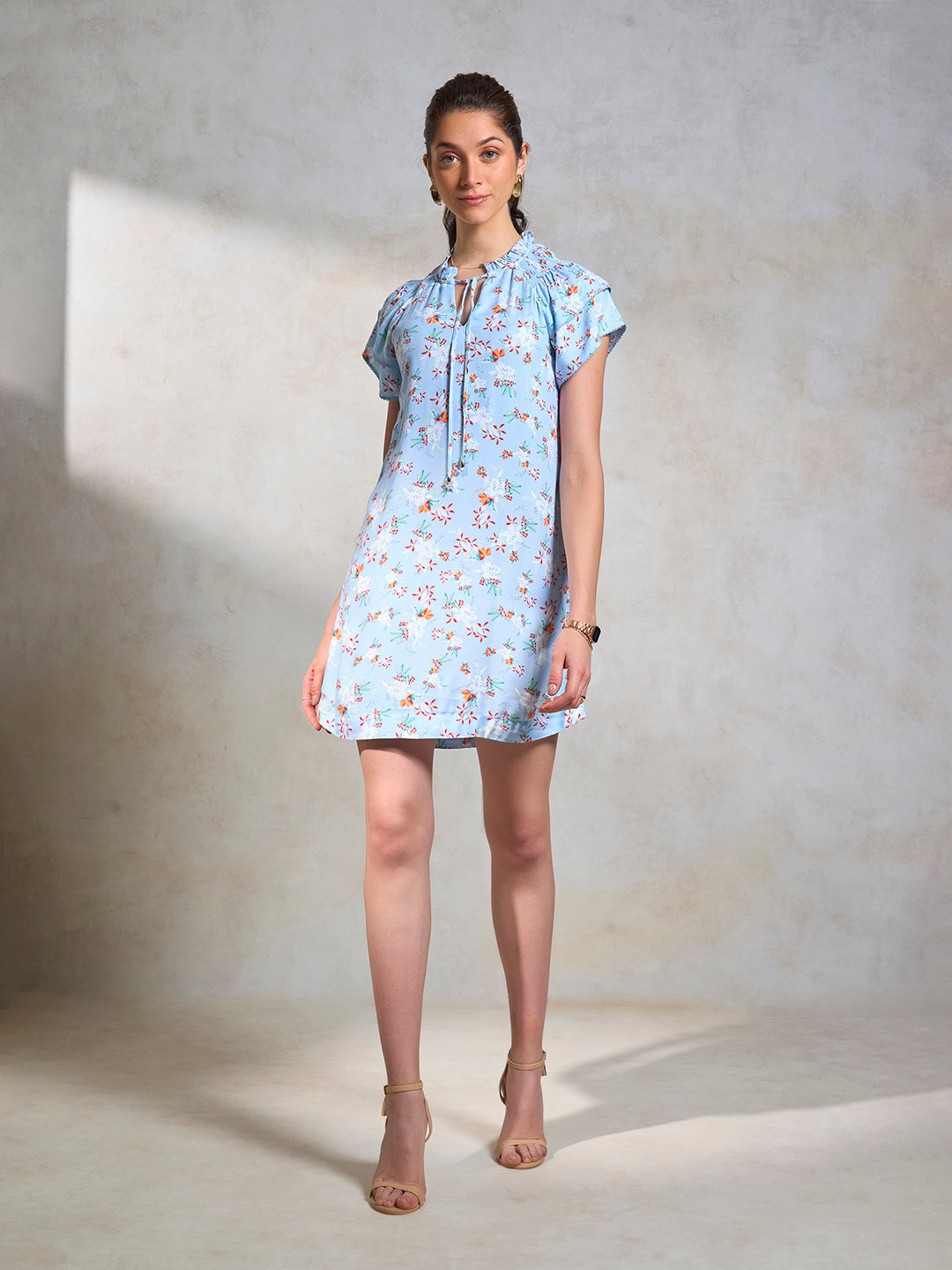 

Virgio Women Viscose Mandarin Collar Knee Length Floral Flutter Sleeve Dress, Blue