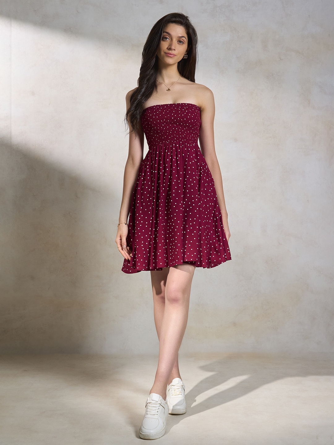 

Virgio Polka Dot Printed Smocked Fit & Flared Dress, Maroon
