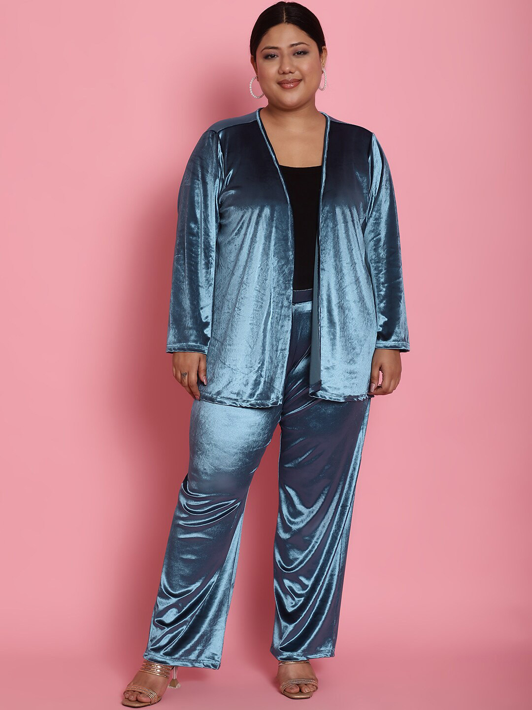

theRebelinme Plus Size V-Neck Long Sleeve Velvet Co-Ords, Teal