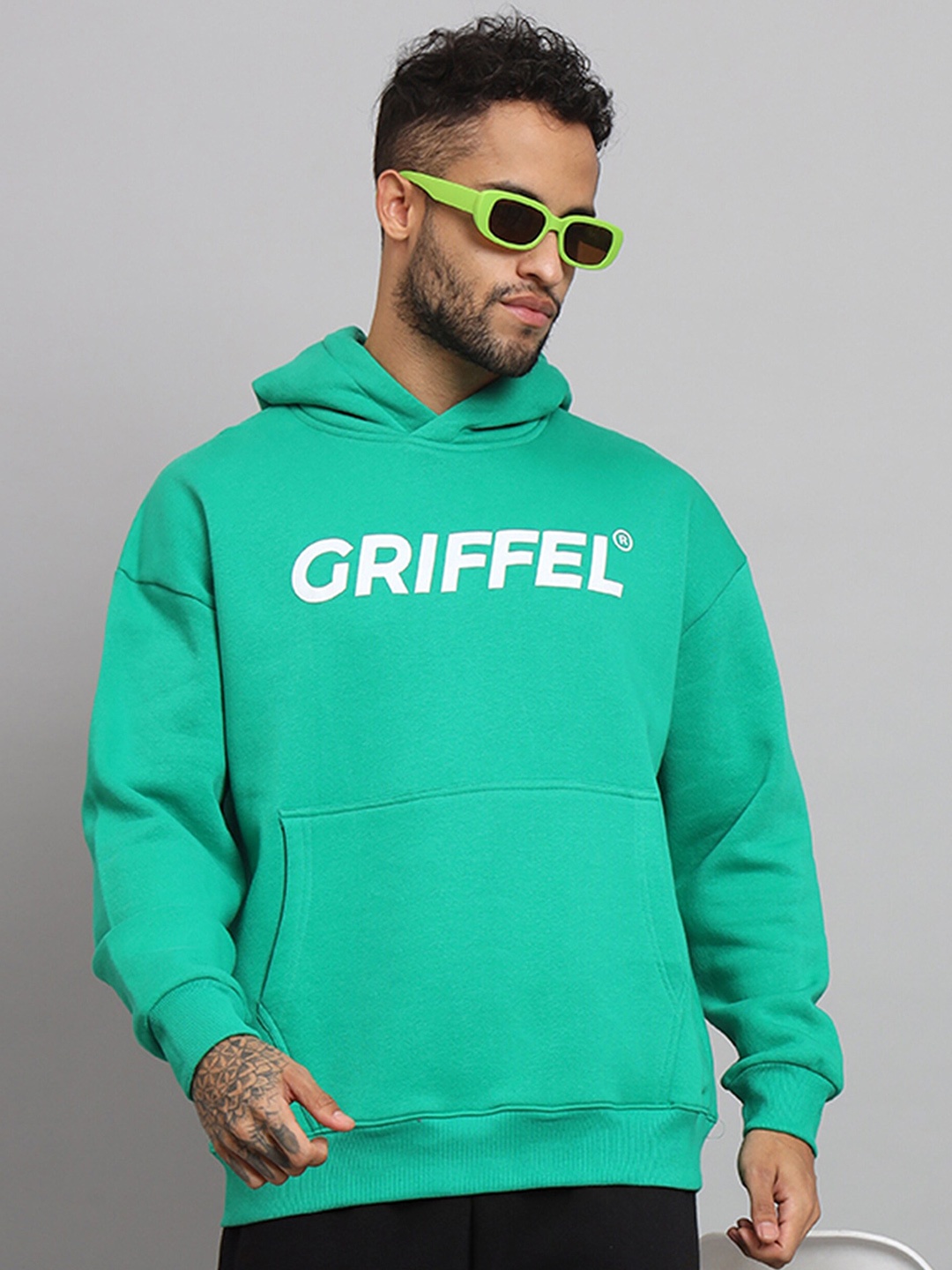 

GRIFFEL Typography Printed Fleece Hooded Pullover Sweatshirt, Green