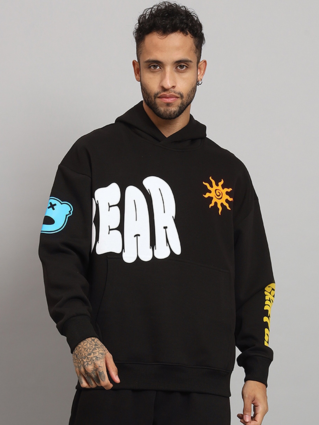 

GRIFFEL Printed Fleece Hooded Pullover Sweatshirt, Black