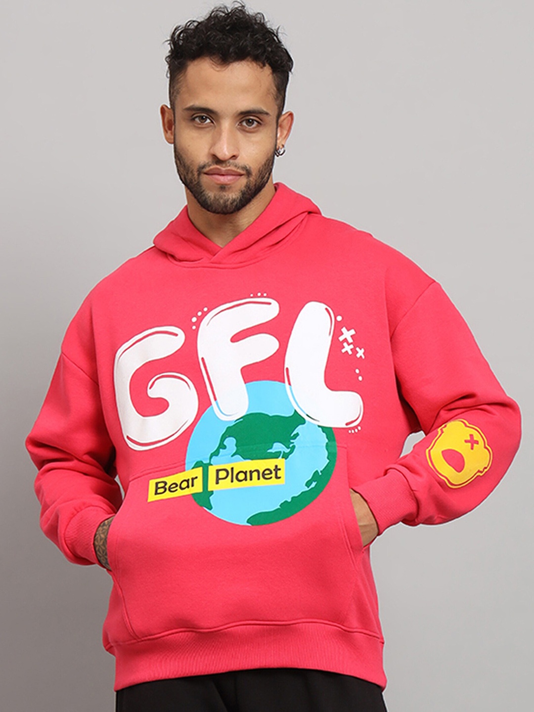

GRIFFEL Printed Fleece Hooded Pullover Sweatshirt, Pink