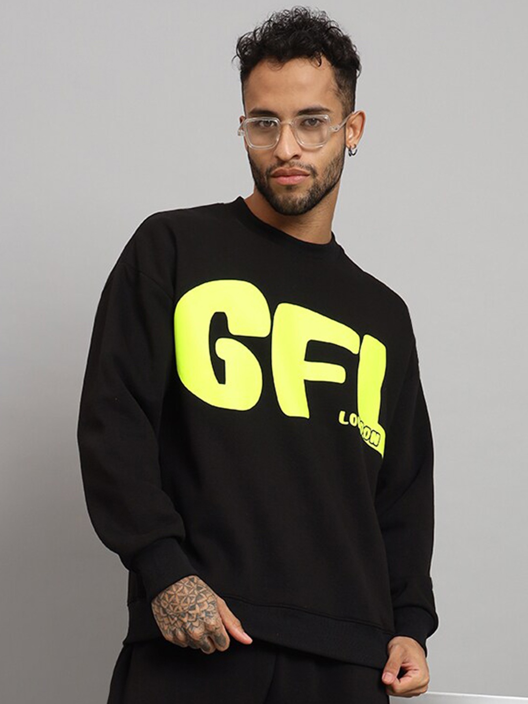 

GRIFFEL Typography Printed Fleece Pullover Sweatshirt, Black