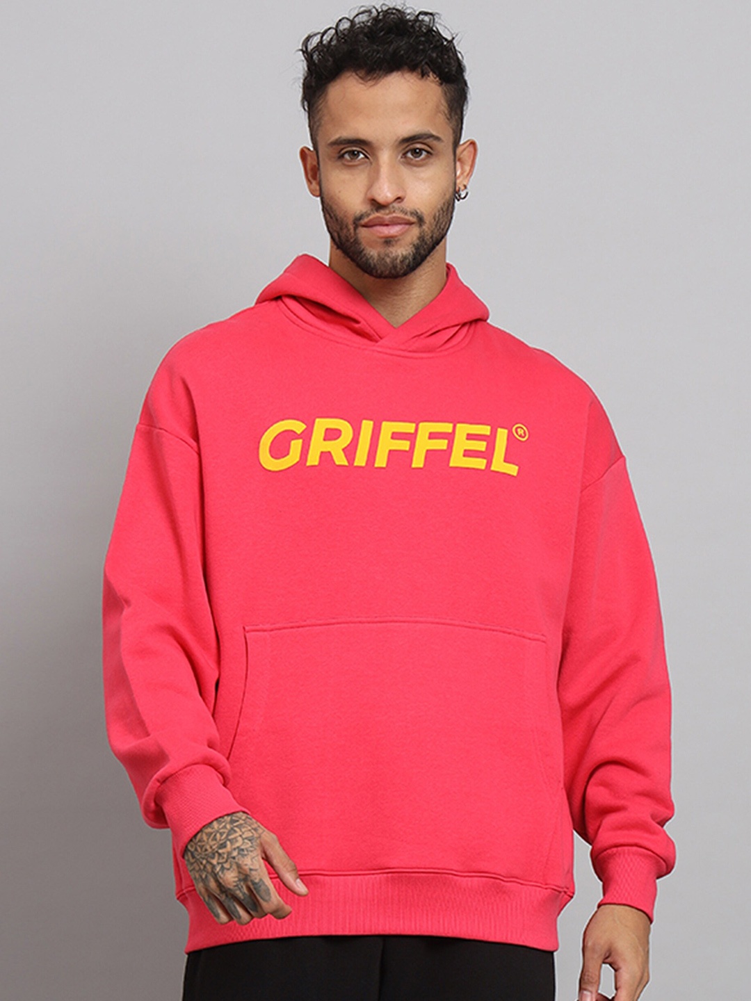 

GRIFFEL Typography Printed Fleece Hooded Pullover Sweatshirt, Pink