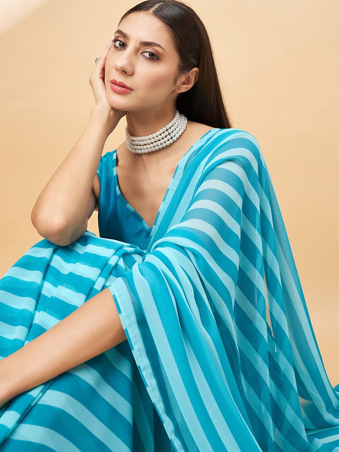 

all about you Striped Pure Georgette Saree, Blue