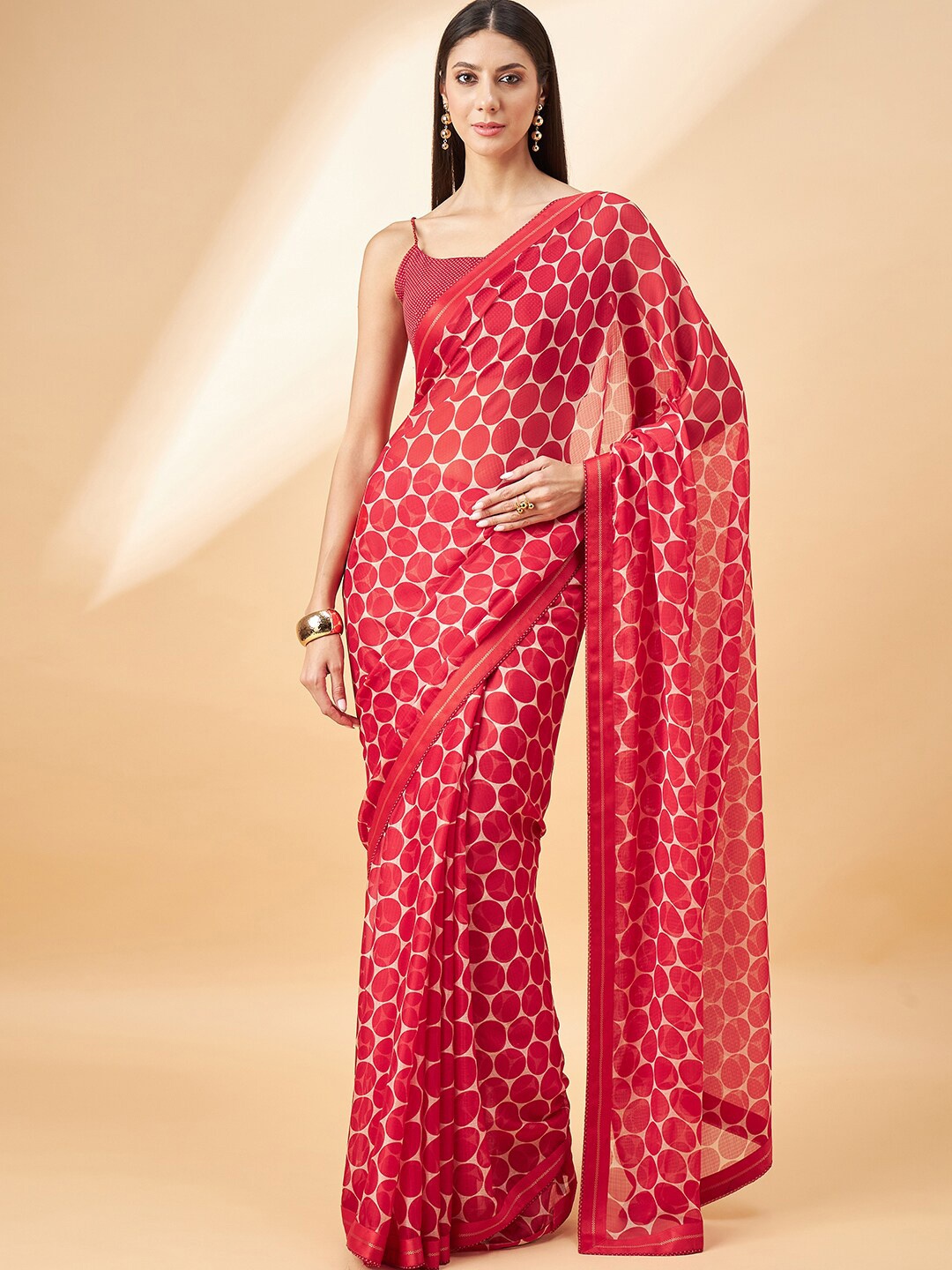 

all about you Polka Dot Printed Pure Chiffon Saree, Red
