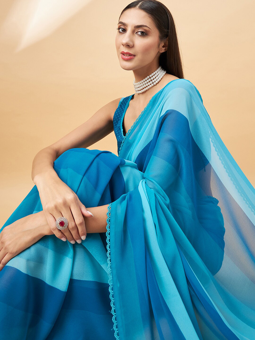 

all about you Striped Pure Georgette Saree, Blue