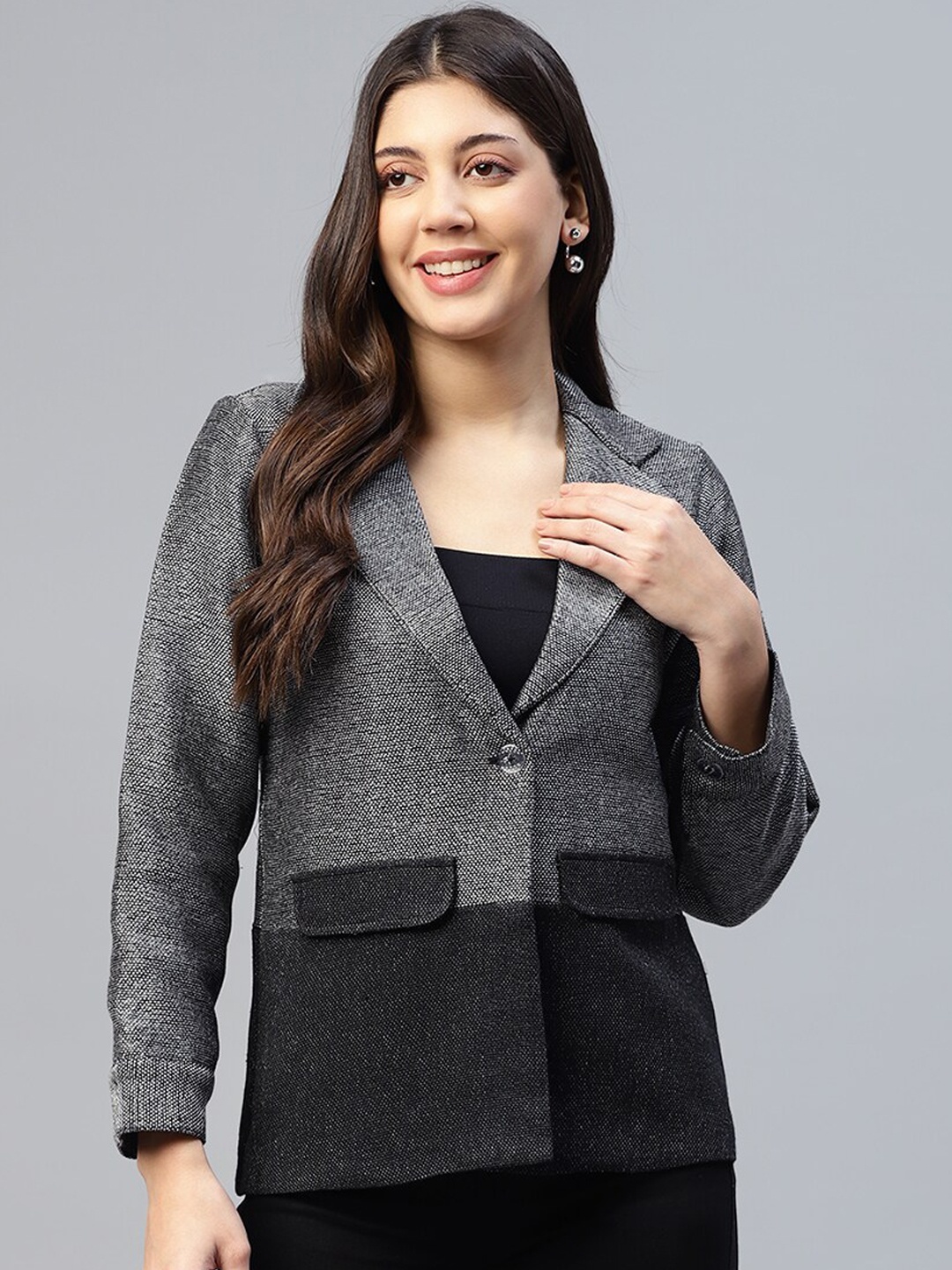 

DEEBACO Women Jacquard Notch Lapel Single-Breasted Comfort Fit Blazer With Pockets, Grey