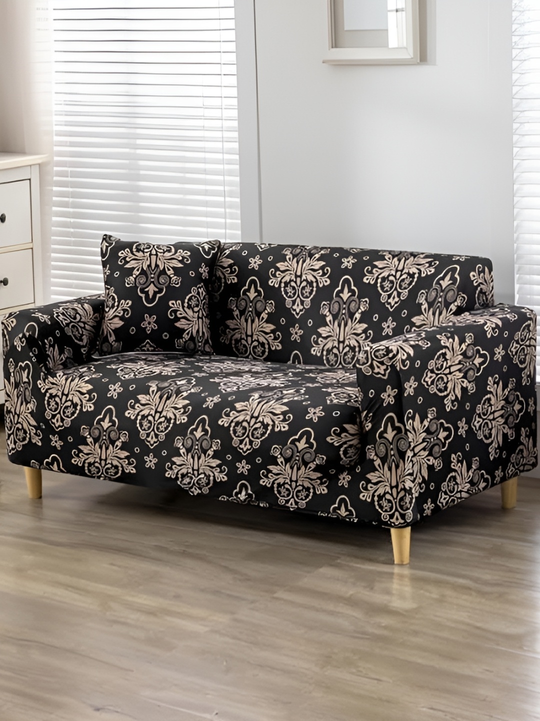 

TONY STARK Black & Beige Printed 1 Piece Sofa Cover With Arms