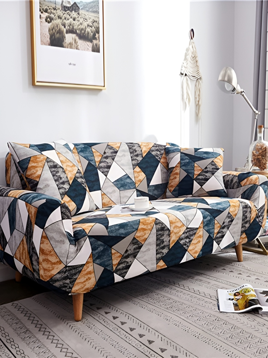 

TONY STARK Blue & White Printed Stretchy Sofa Cover With Arms