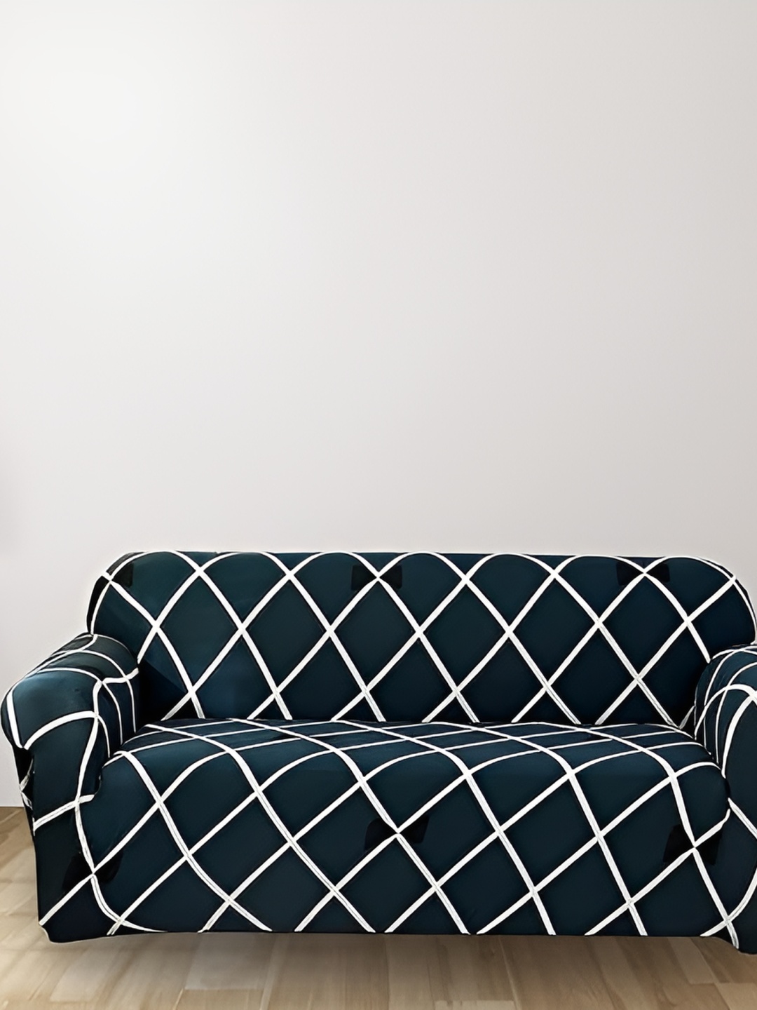 

TONY STARK Blue & White Checked Stretchy Sofa Cover With Arms