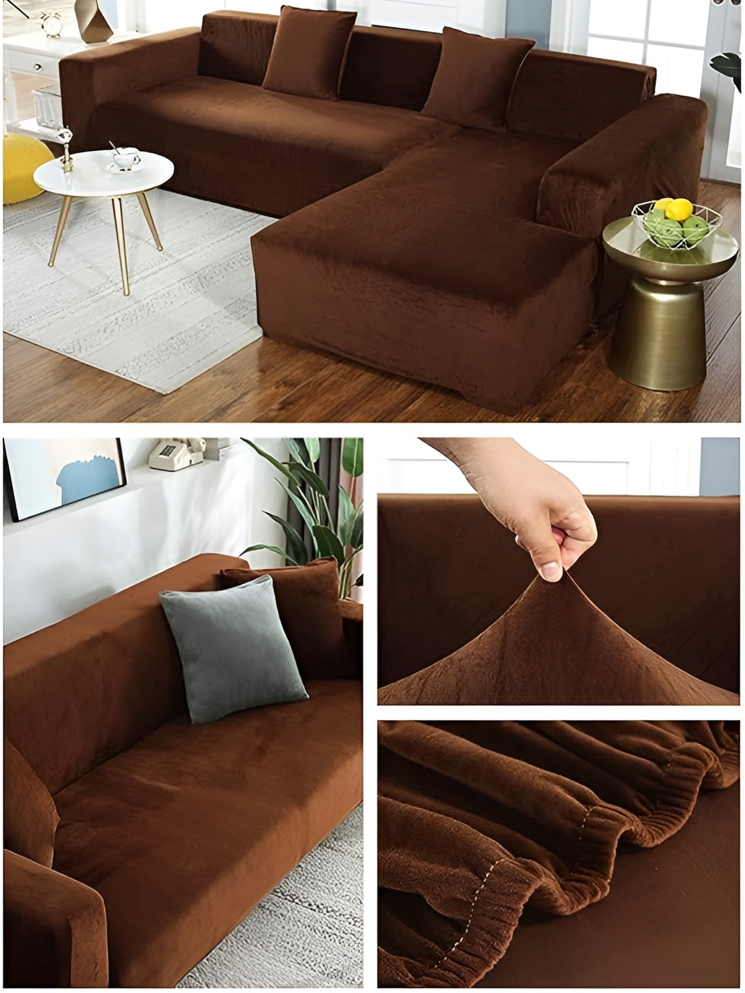 

TONY STARK Brown Velvet Stretchy Sofa Cover With Arms