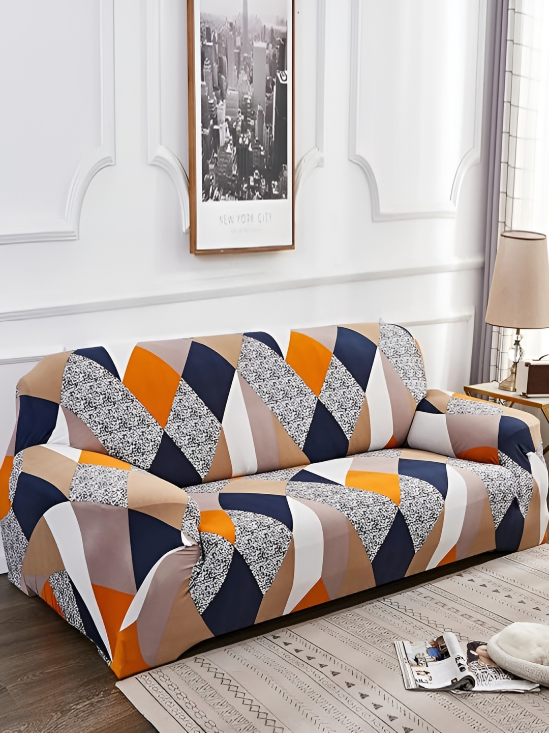 

TONY STARK Beige & Orange Printed 1 Piece Sofa Cover With Arms