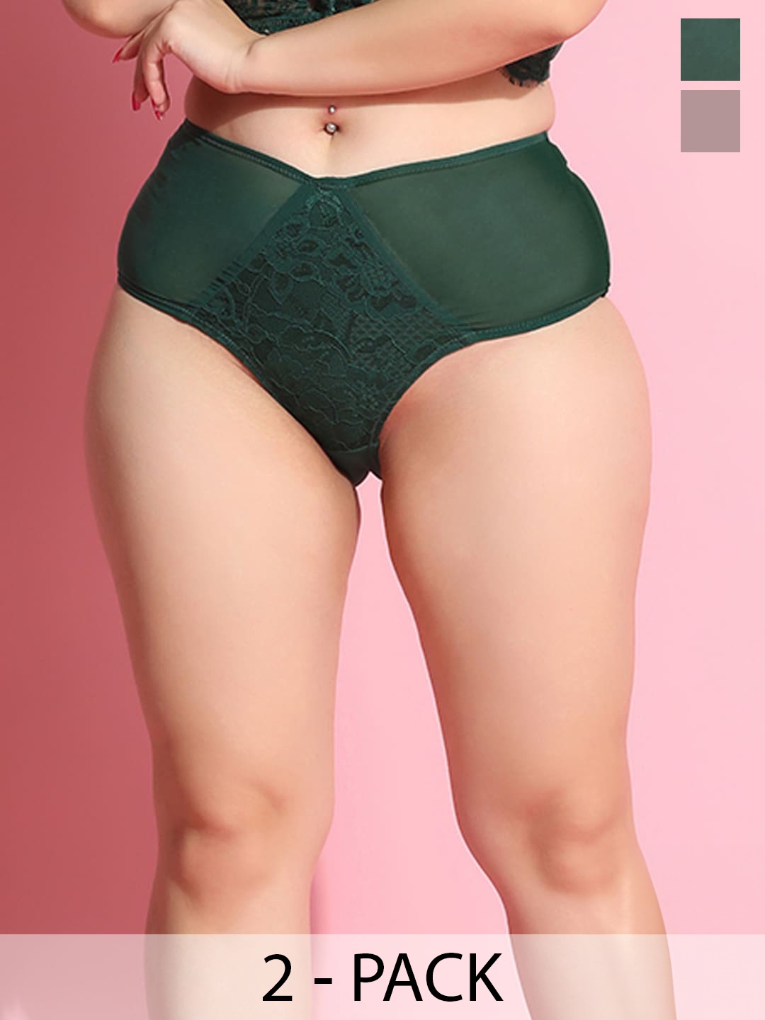 

Curvy Love Pack Of 2 Self Design Full Coverage Hipster Briefs, Green
