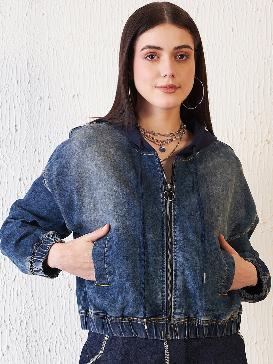 

Antheaa Blue Washed Hooded Baggy Fit Denim Jacket