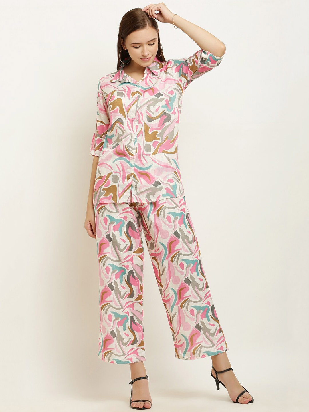 

Miaz Lifestyle Abstract Printed Pure Cotton Shirt With Trousers, White