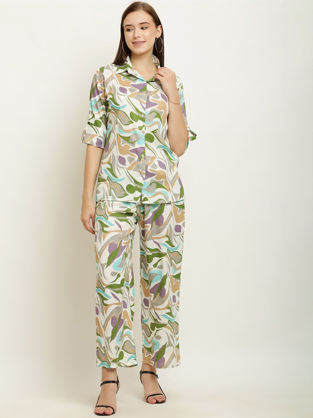 

Miaz Lifestyle Abstract Printed Pure Cotton Shirt With Trousers, Green