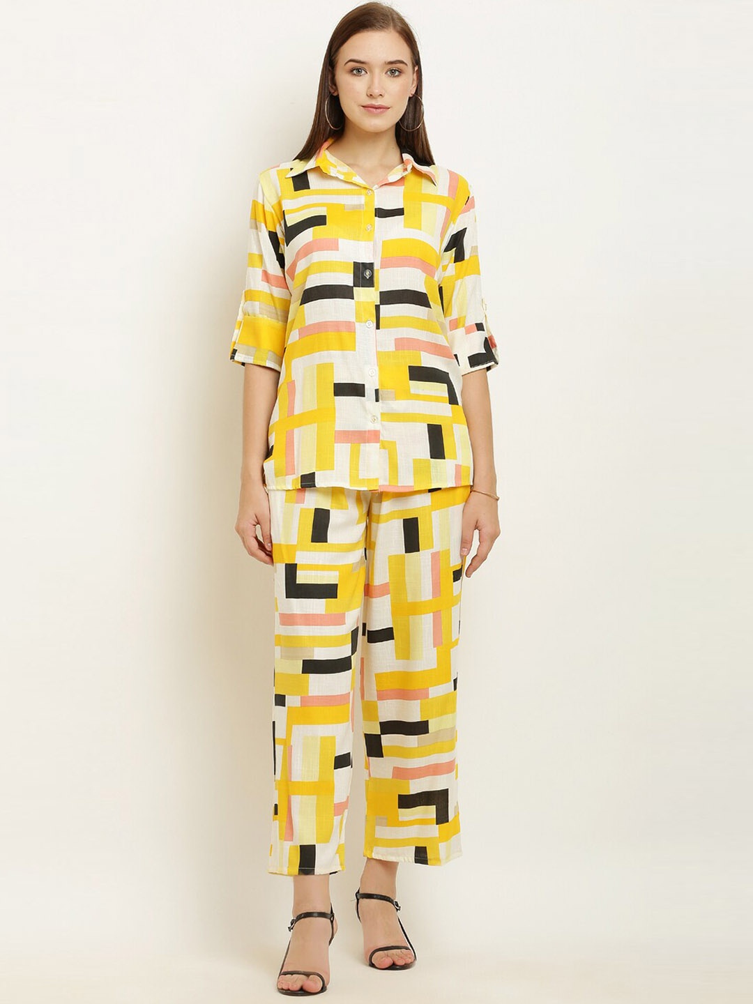 

Miaz Lifestyle Geometric Printed Pure Cotton Shirt With Trousers, Yellow