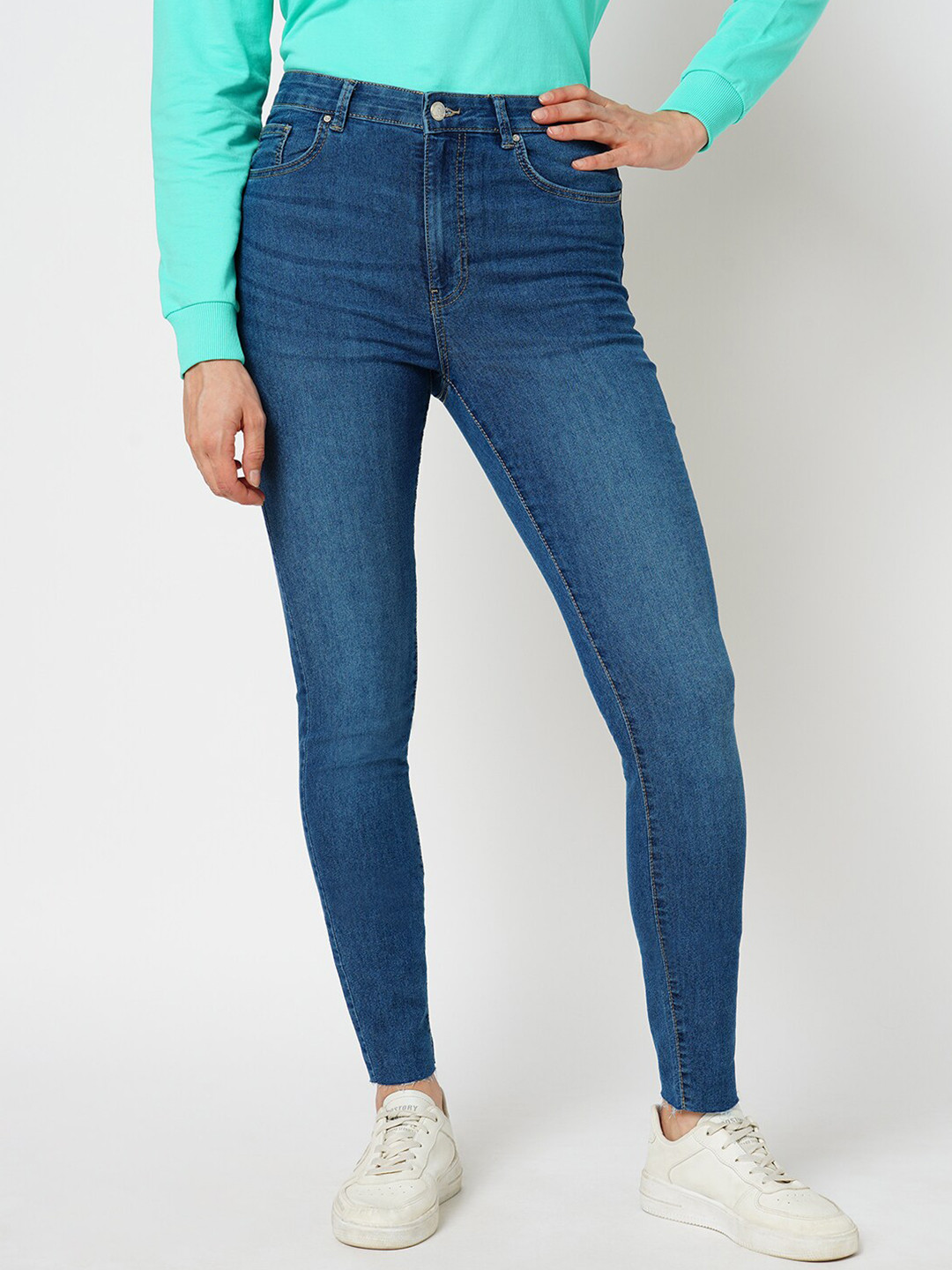 

ONLY Women Skinny Fit High Rise Clean Look Light Fade Stretchable Jeans, Blue
