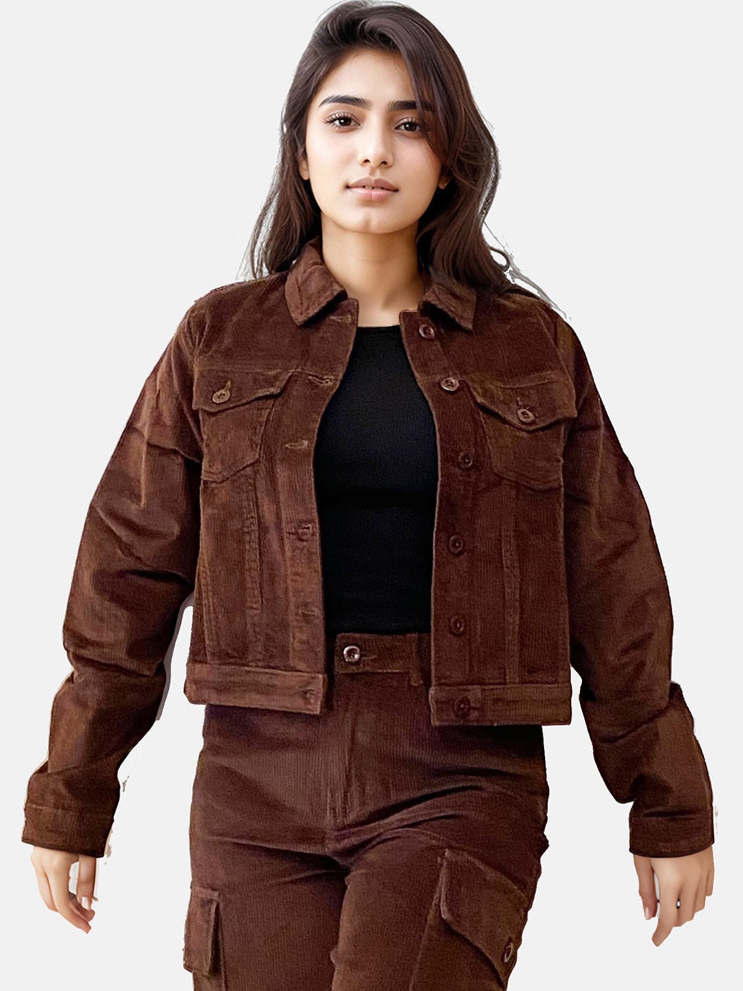 

IZF Spread Collar Crop Denim Jacket, Brown