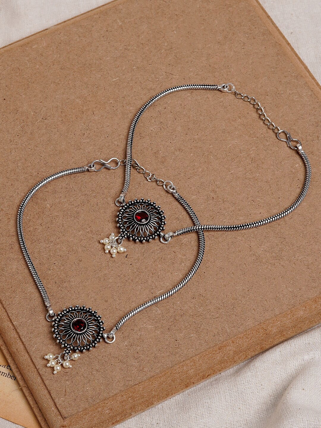 

TEEJH Set Of 2 Silver-Plated Stone Studded & Beaded Oxidised Anklets