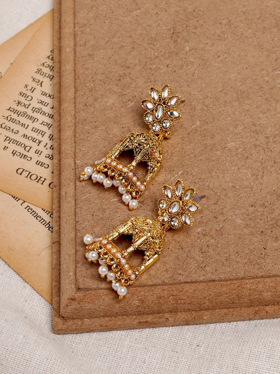 

TEEJH Gold-Plated Stone-Studded & Beaded Jhumkas