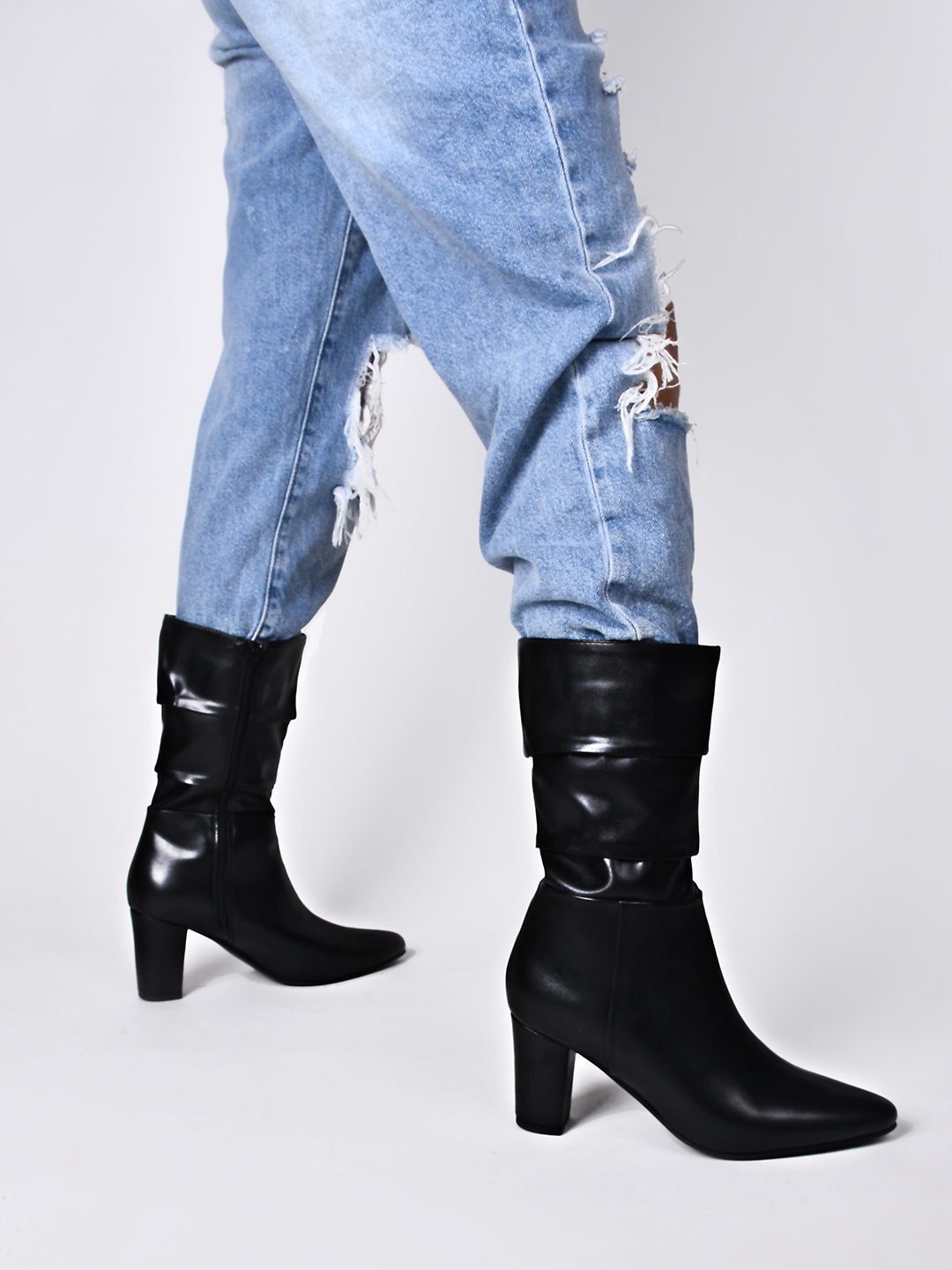 

SHUZ TOUCH Women Block Heeled Mid-Top Regular Boots, Black