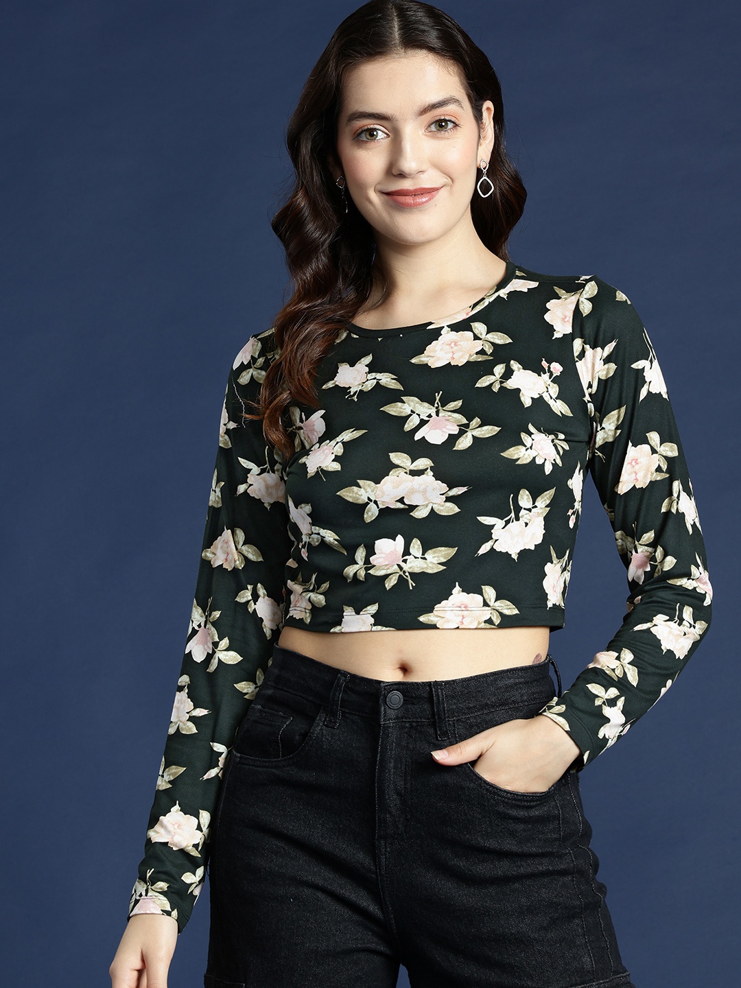 

Mast & Harbour Floral Printed Crop T-shirt, Green