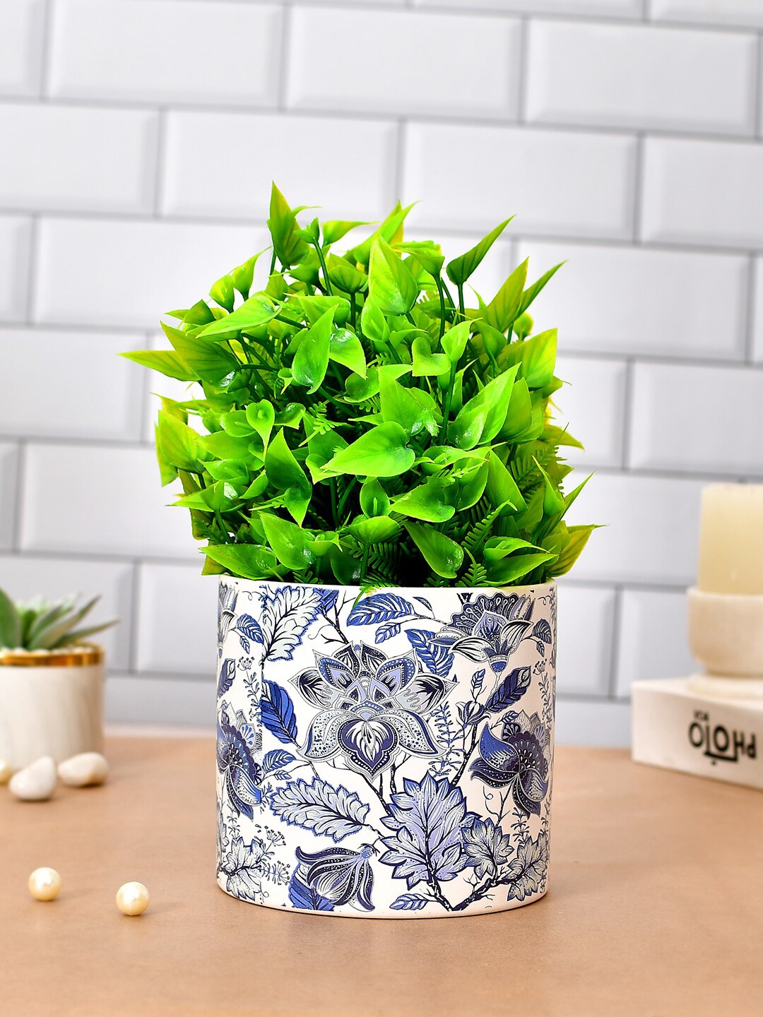 

TAYHAA White Blue Printed Ceramic Planter