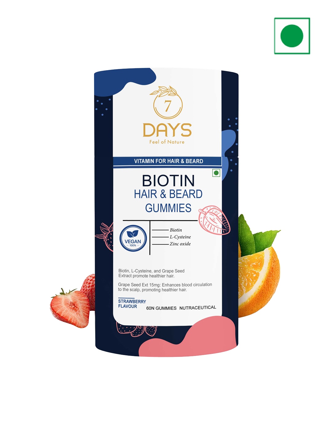 

7 DAYS Biotin Hair & Beard Strawberry Flavour Gummies with Grapeseed Extract - 60 Gummies, Blue