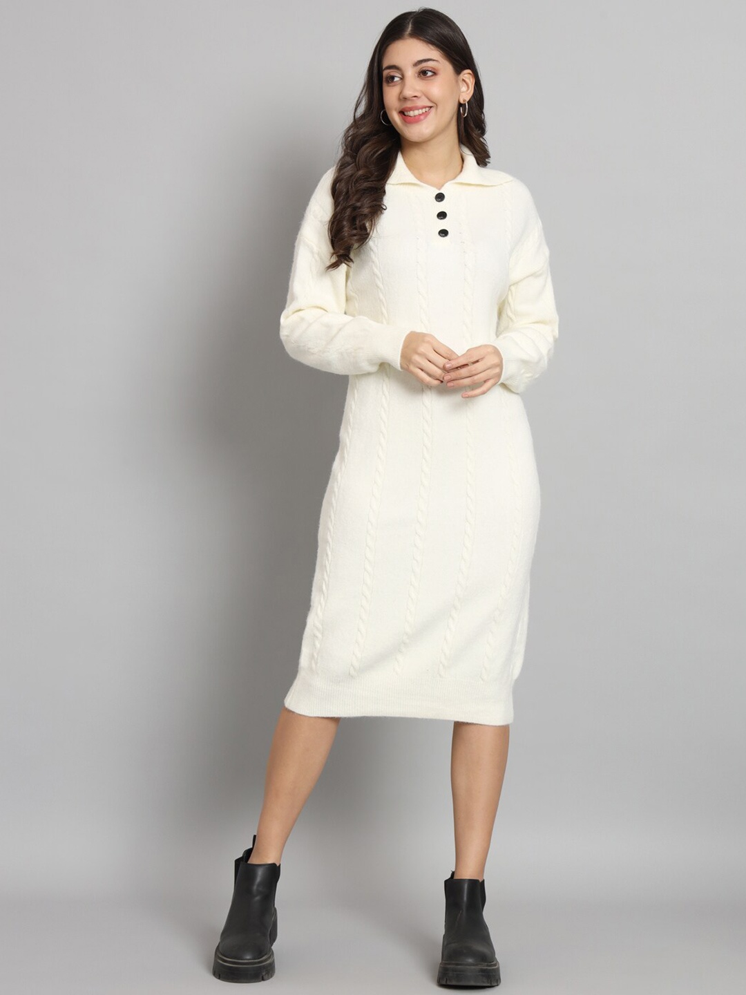 

Chemistry Shirt Collar Woollen Sheath Dress, Cream