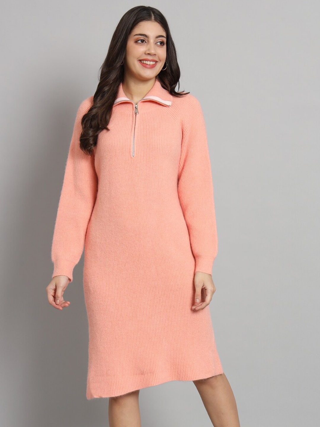 

Chemistry Shirt Collar Woollen Sheath Dress, Peach