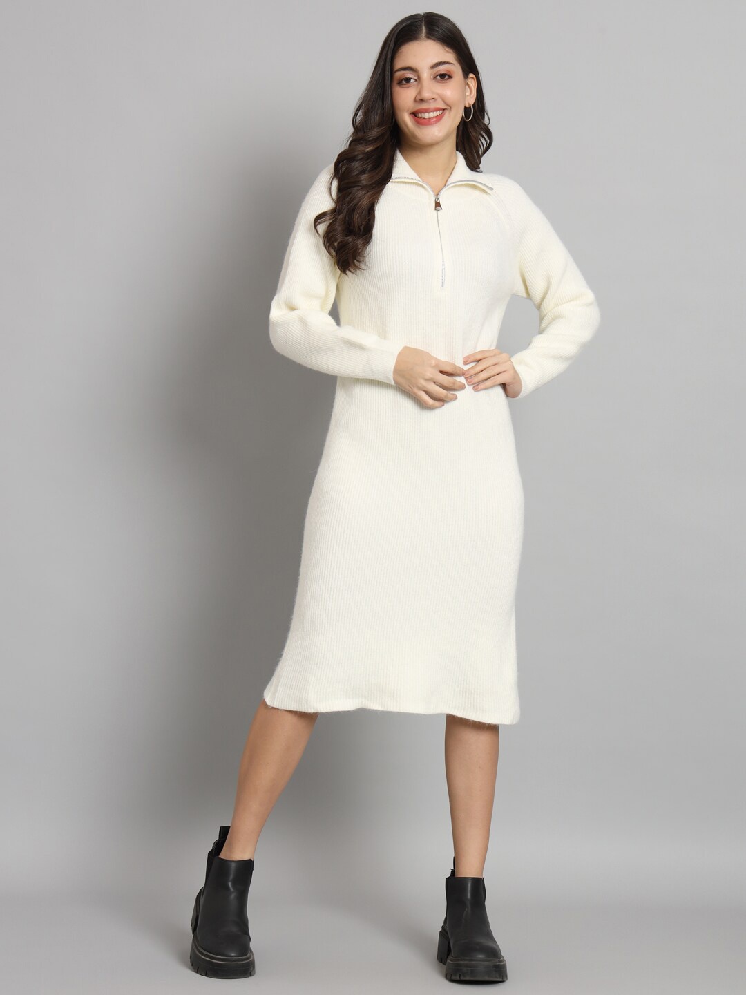 

Chemistry Shirt Collar Woollen Sheath Dress, Cream