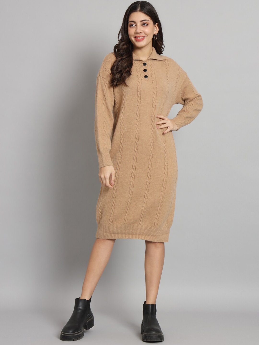 

Chemistry Shirt Collar Woollen Sheath Dress, Brown