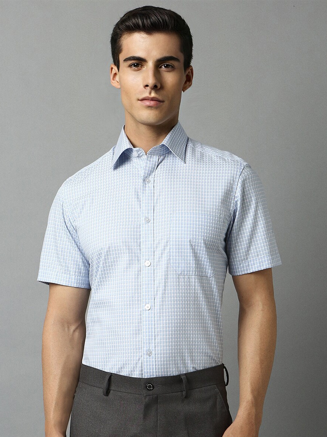 

Louis Philippe Spread Collar Checked Formal Cotton Shirt, Blue