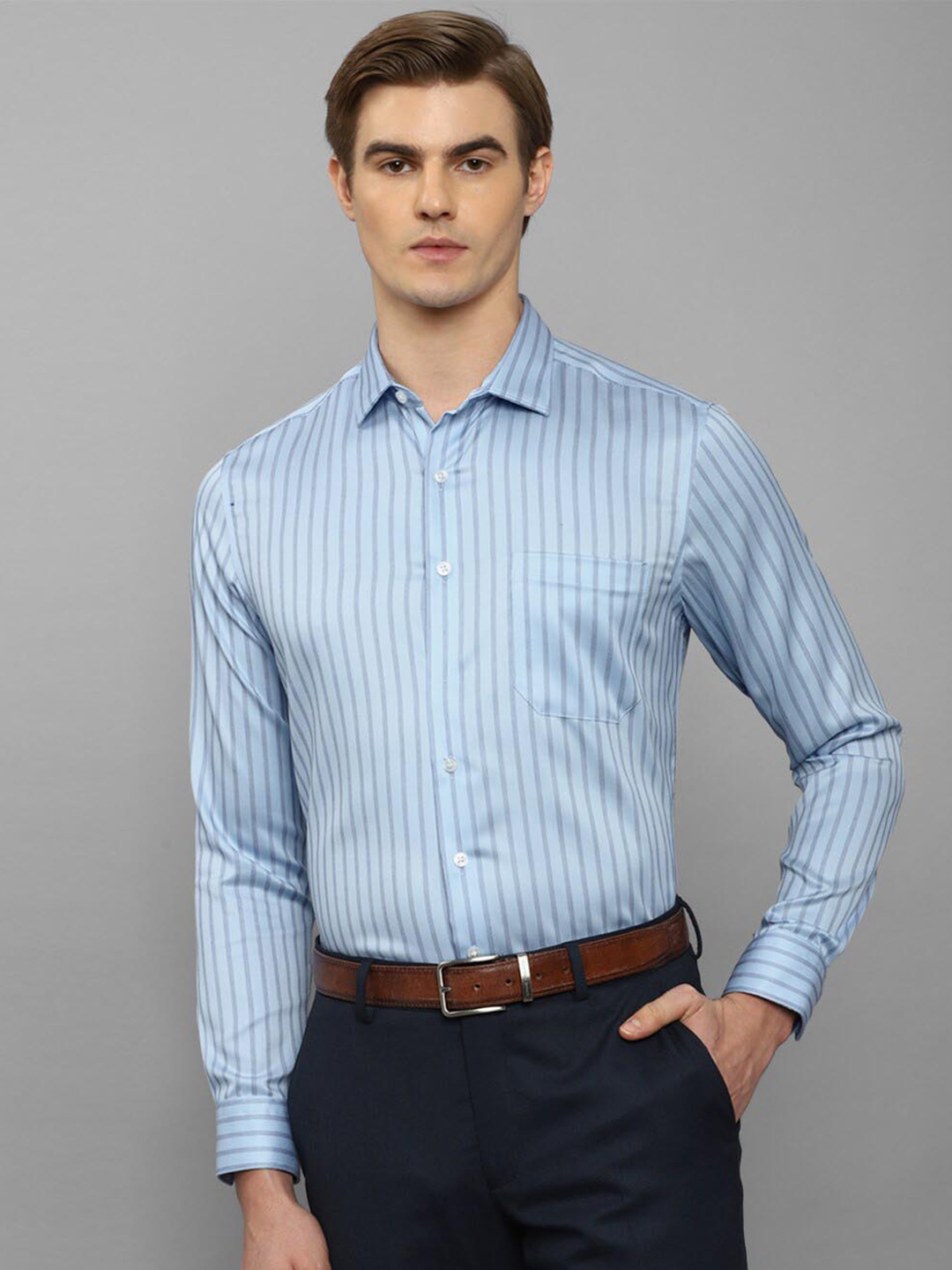 

Louis Philippe Spread Collar Striped Formal Pure Cotton Shirt, Blue