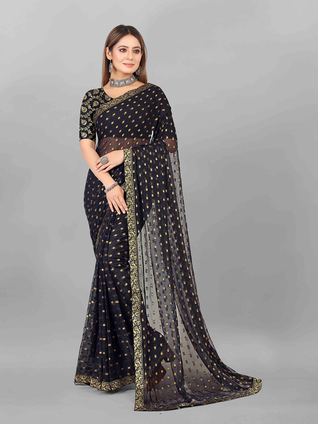 

Rhey Woven Design Chiffon Saree, Black