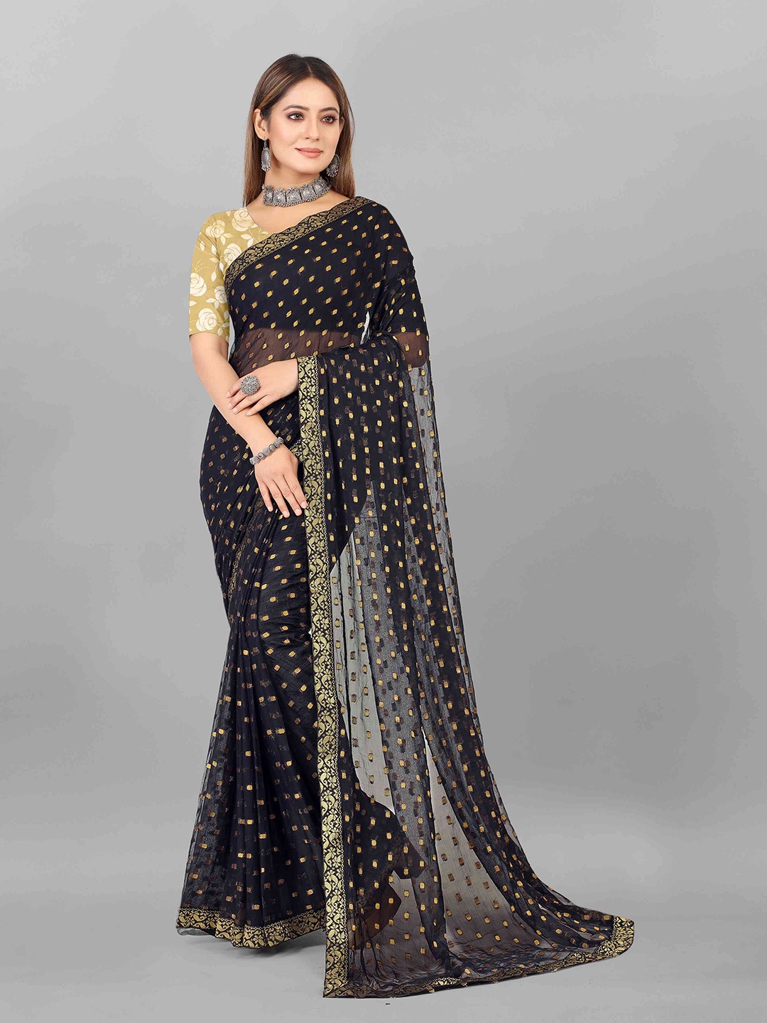 

Rhey Geometric Woven Design Zari Saree, Black