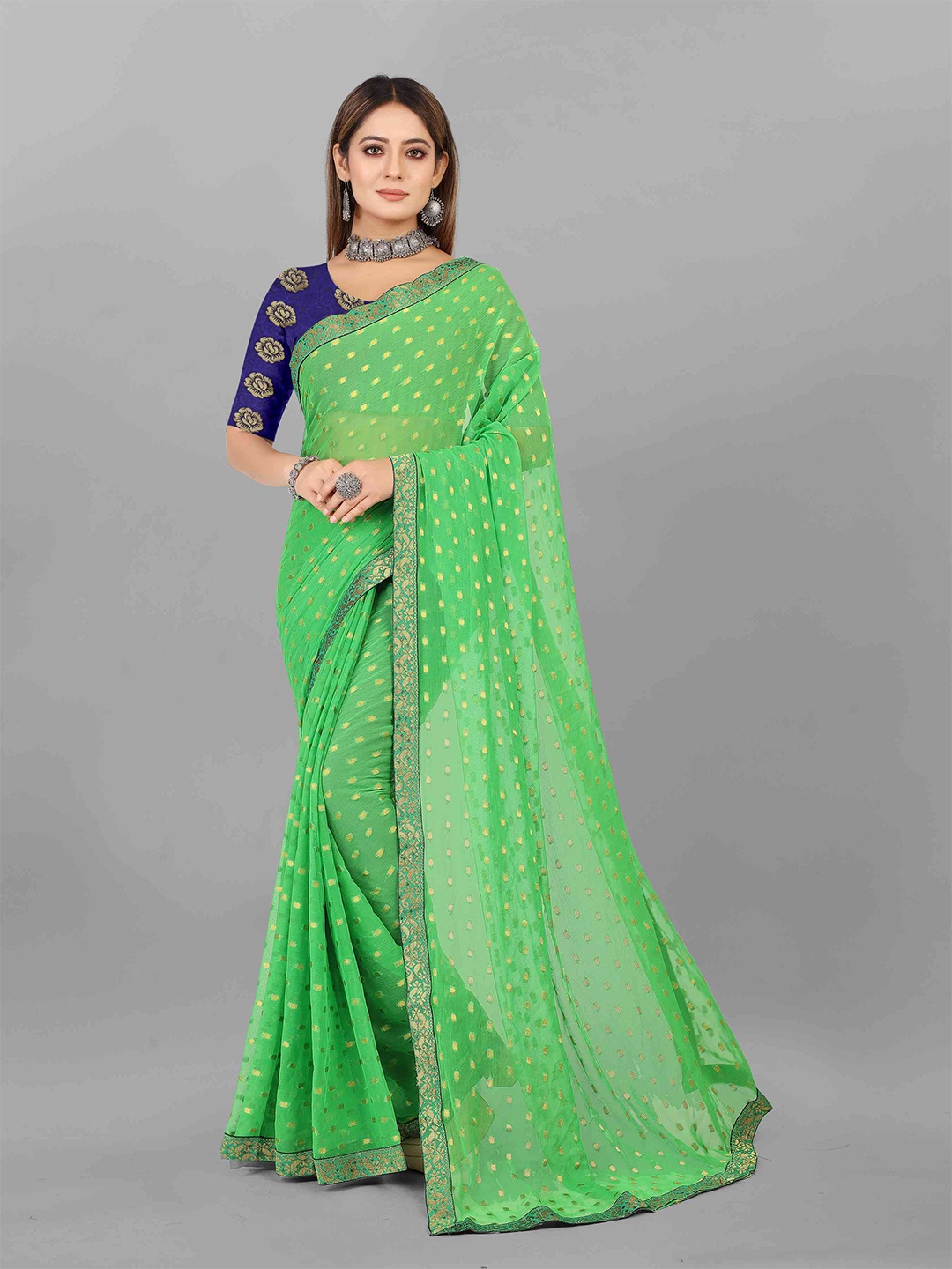 

Rhey Geometric Woven Design Zari Saree, Green