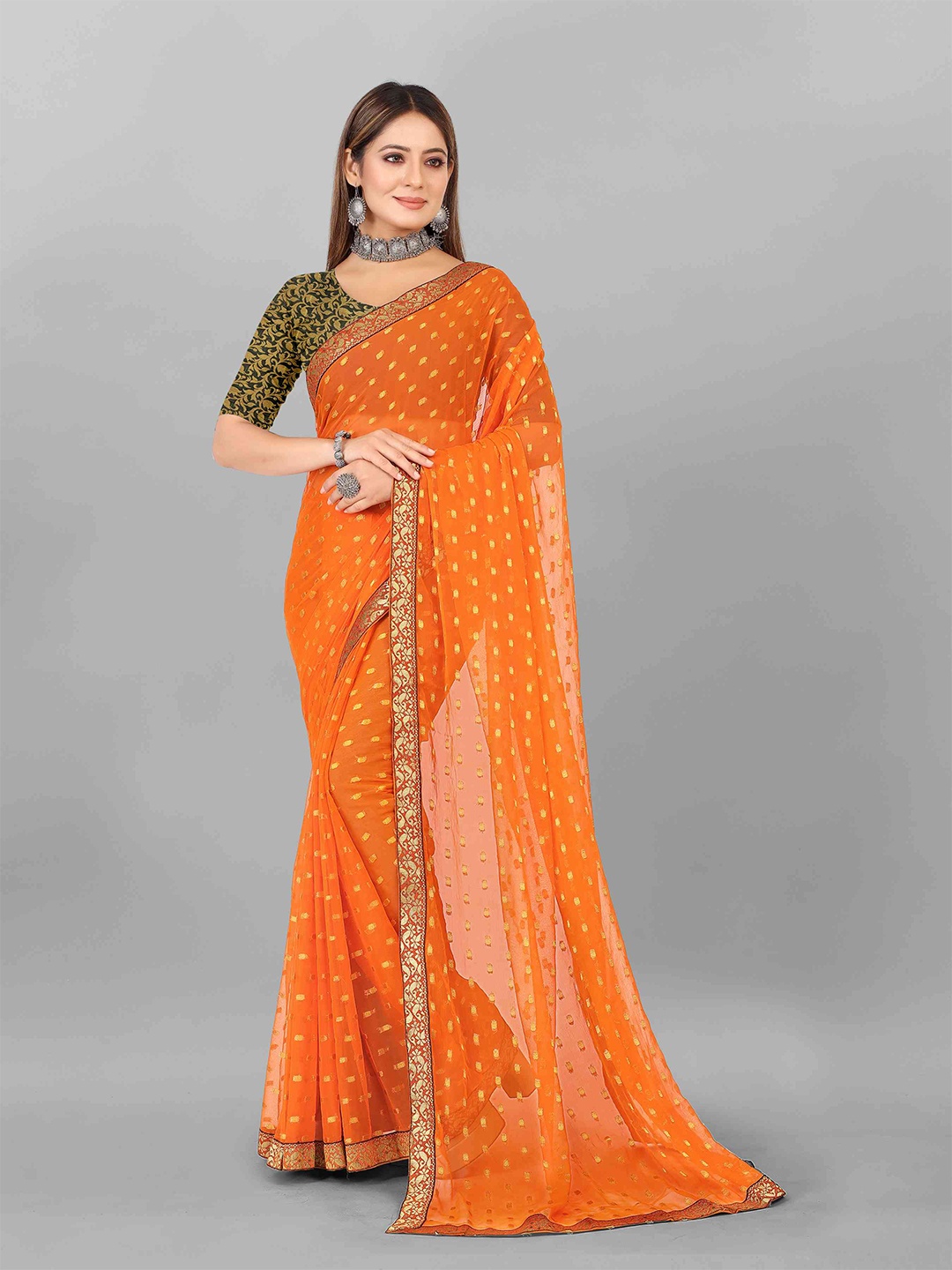 

Rhey Geometric Woven Design Zari Saree, Orange