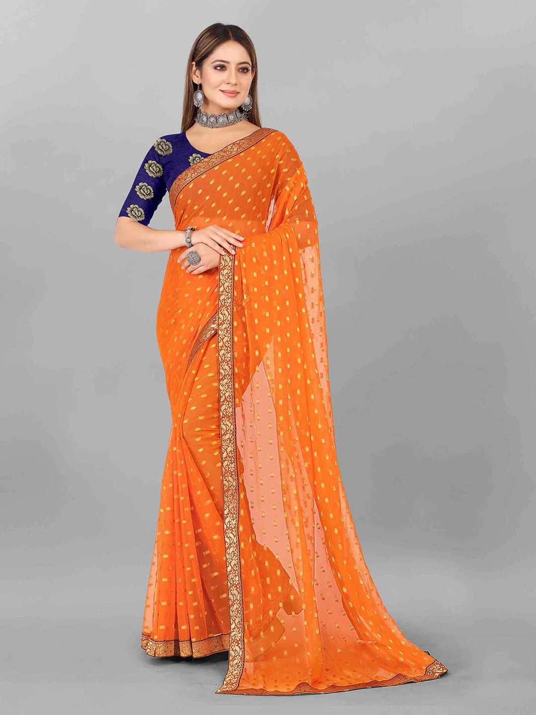 

Rhey Geometric Woven Design Zari Saree, Orange