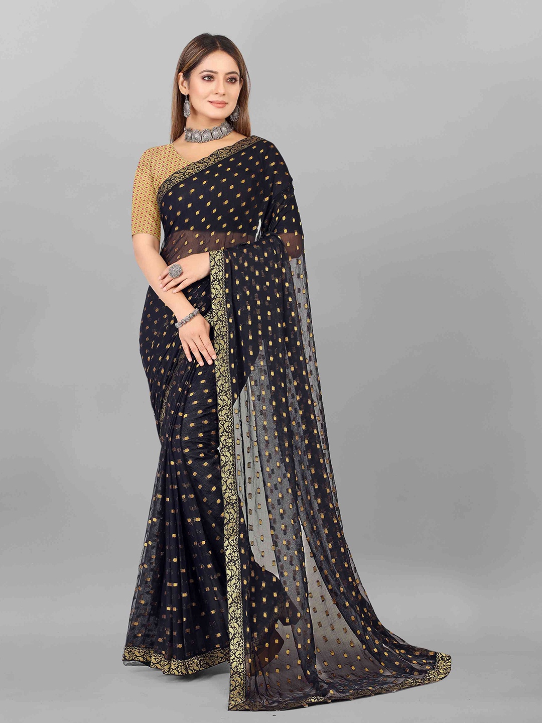 

Rhey Woven Design Chiffon Saree, Black