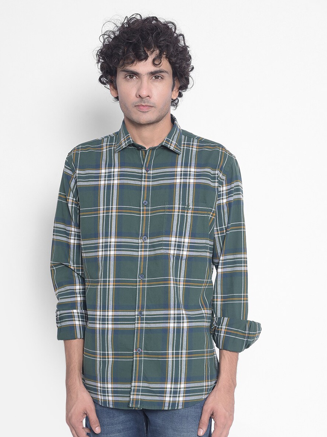 

Crimsoune Club Spread Collar Slim Fit Tartan Checked Casual Pure Cotton Shirt, Green