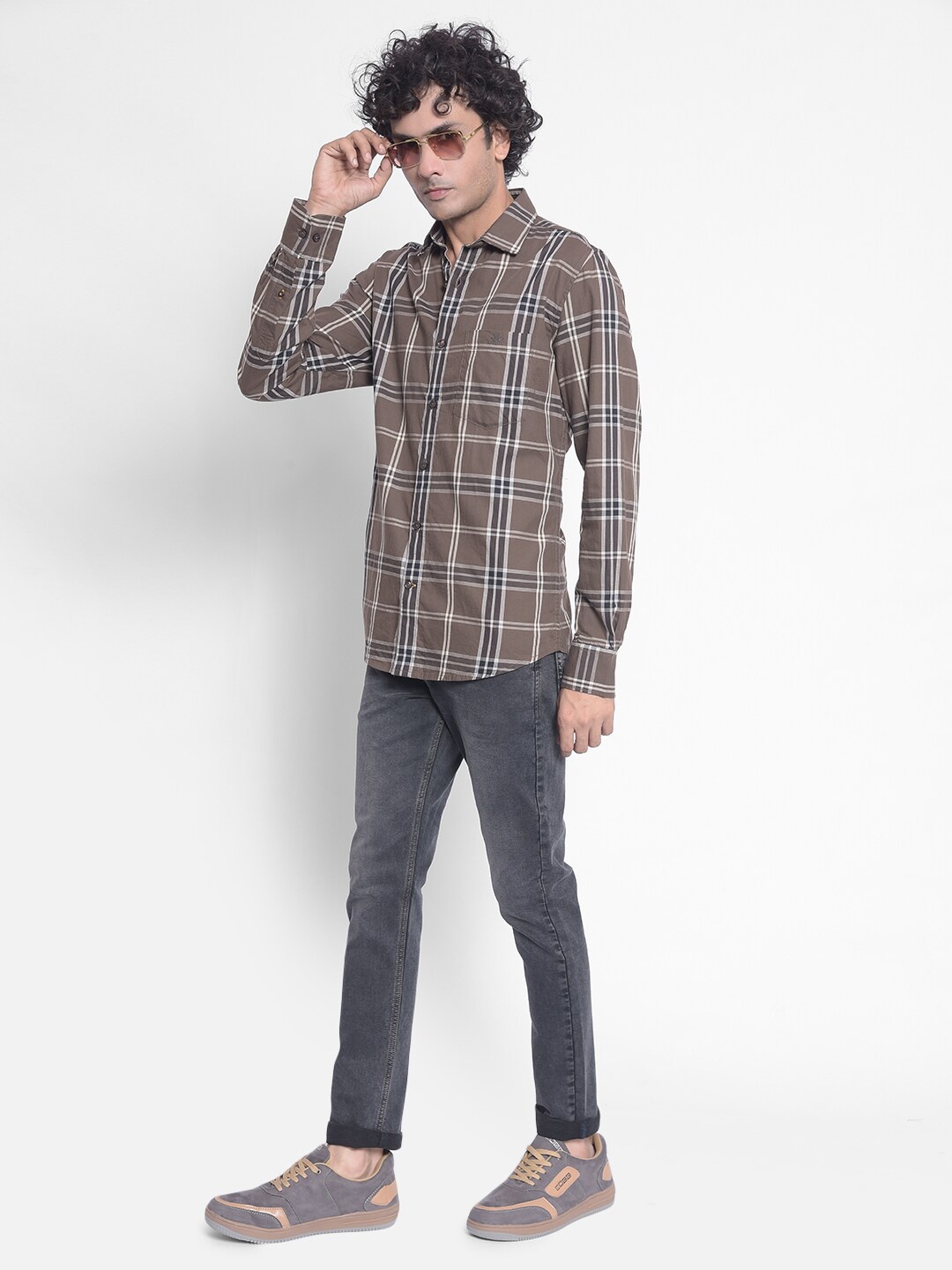 

Crimsoune Club Slim Fit Checked Casual Pure Cotton Shirt, Brown